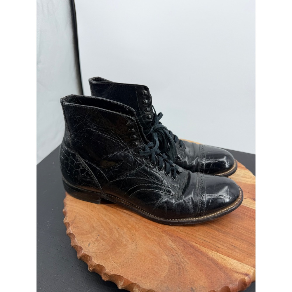 Stacy Adams Madison Cap Toe Boot Mens 8 Black Textured Leather Lace Up Dress